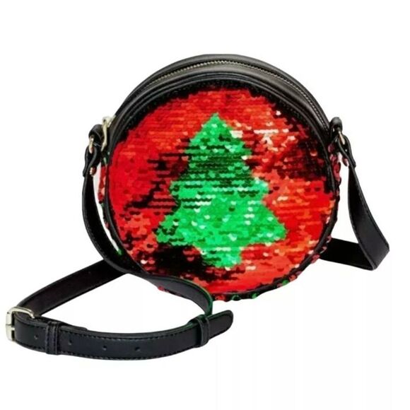 Mad Love, Round Red/Green Reversible Sequined Canteen Style Crossbody Purse - Picture 1 of 12